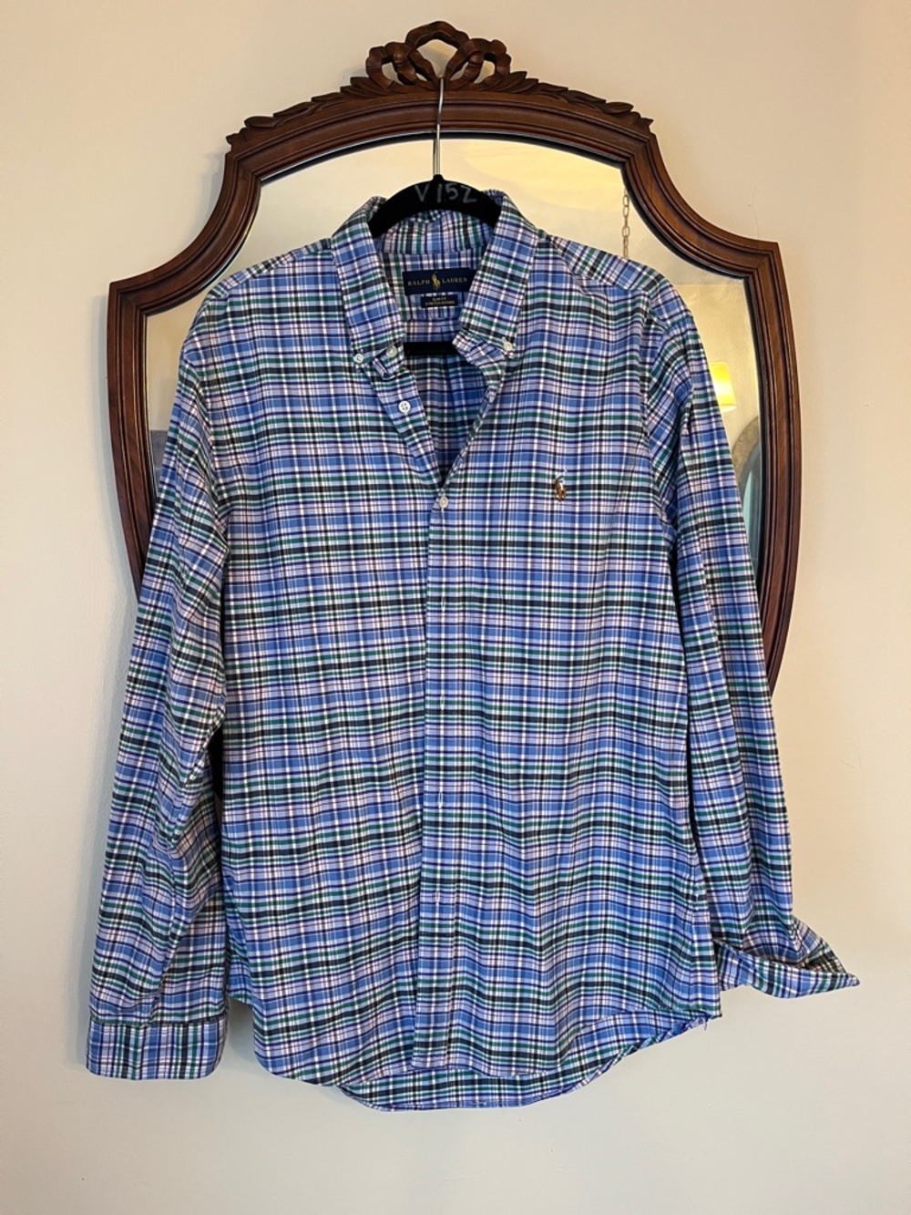Ralph Lauren Blue and Green Plaid Button-Down Shirt XL Slim Fit EUC